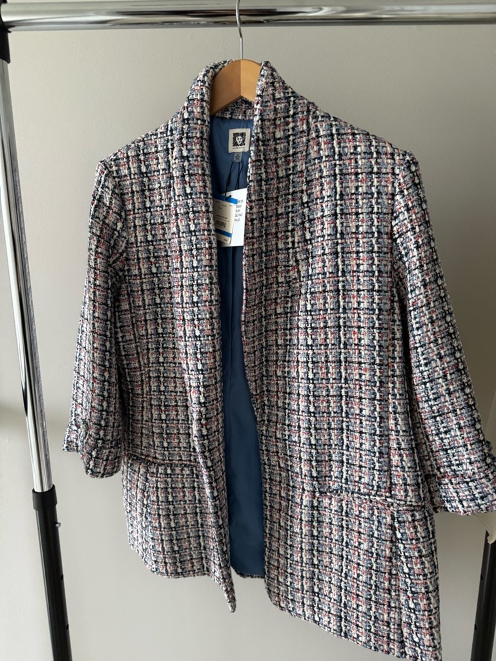 Anne Klein Navy, Pink & White Tweed Open-Front Blazer